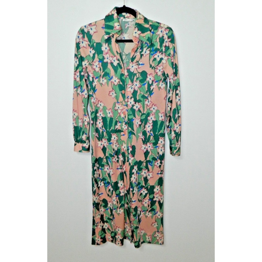 Hanae Mori Dress Size 10 Pink Green Vintage 1970s Floral Button Up Made in Tokyo